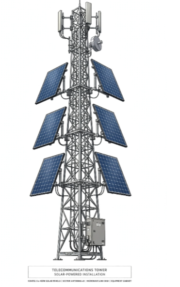 Technical illustration of a telecommunications tower fitted with solar panels, sector antennas, microwave dishes and an equipment cabinet